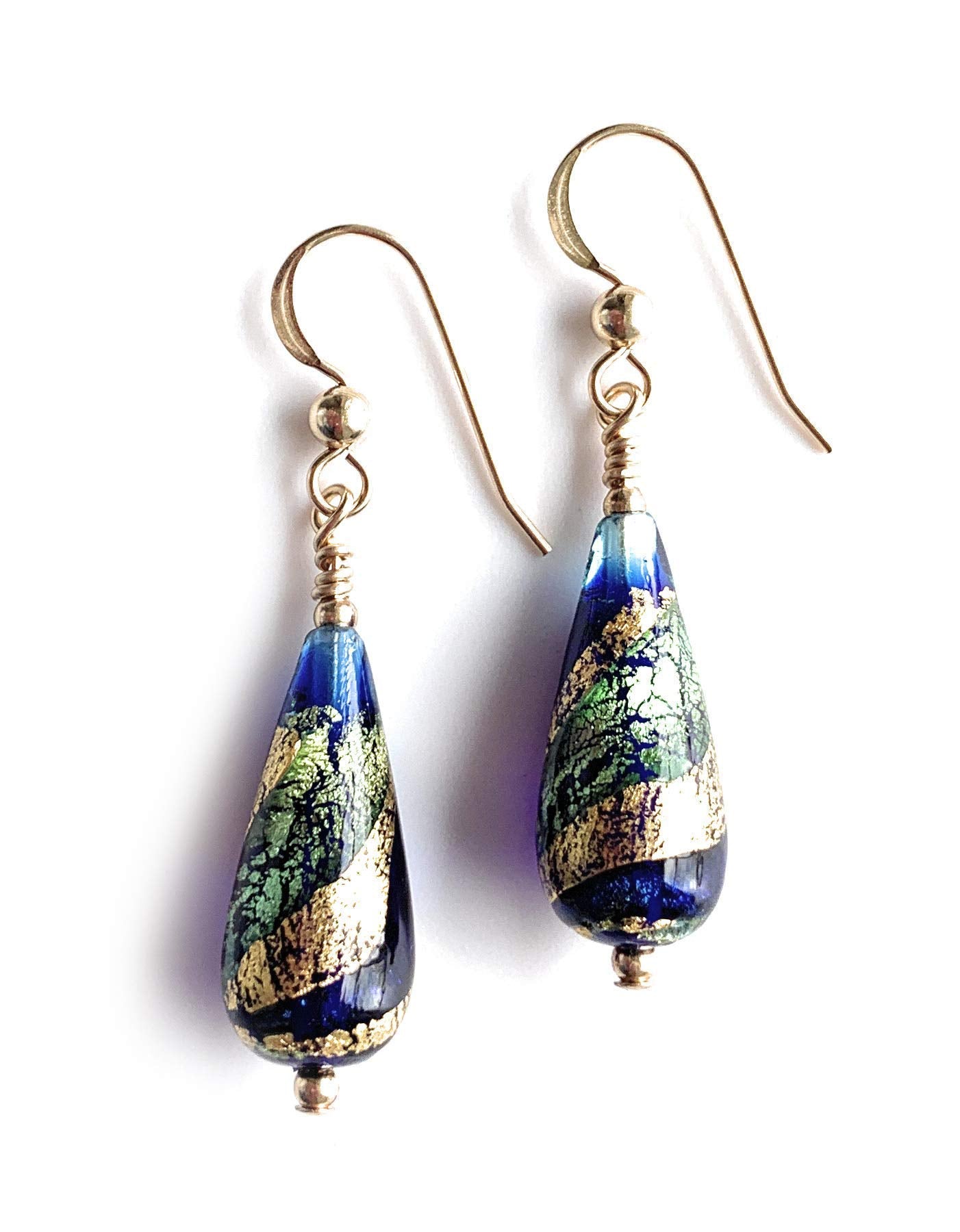 Diana Ingram earrings with dark blue, teal and gold Murano glass short pear drops on Sterling Silver or 22 Carat gold vermeil hooks