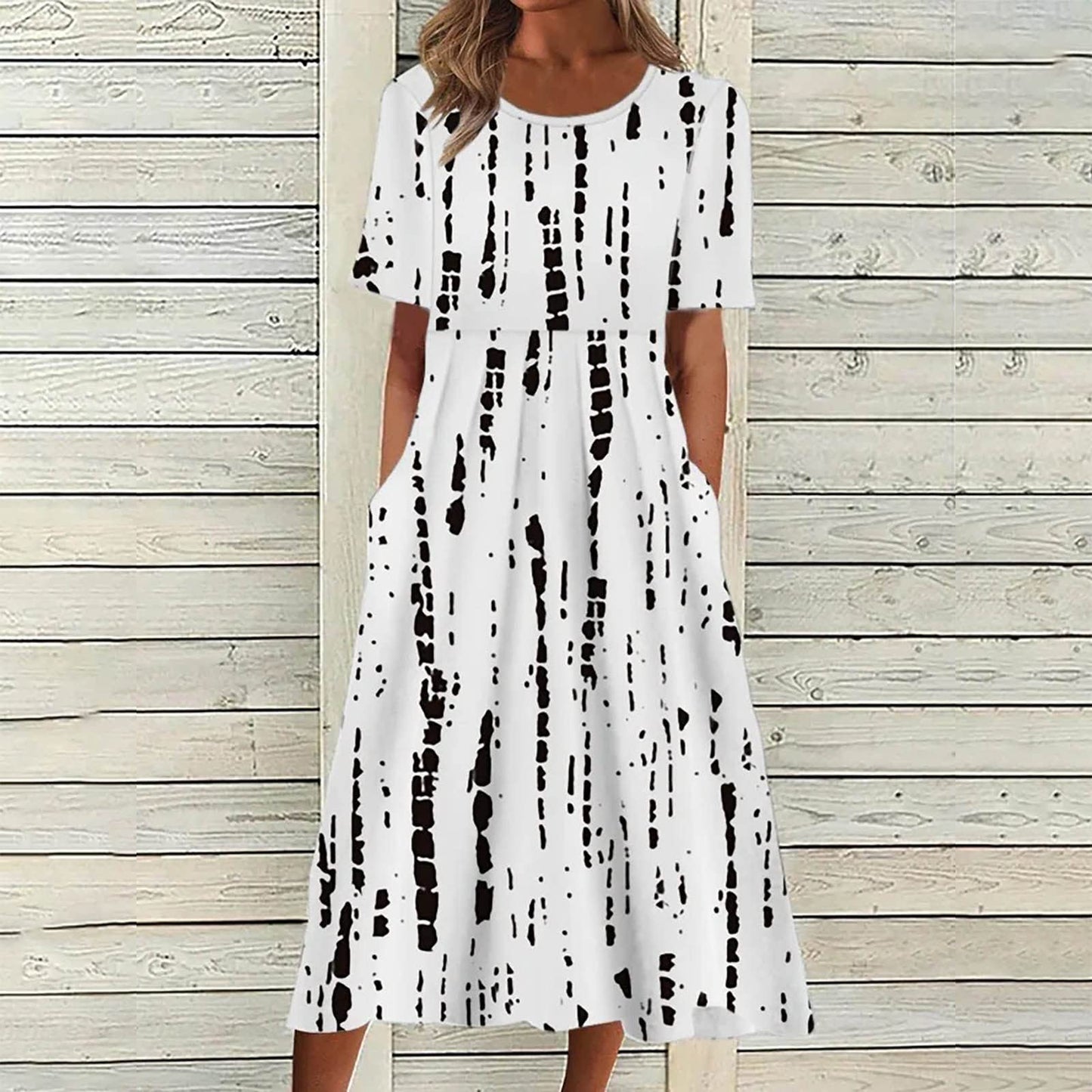 AMhomely Summer Dresses Women UK Clearance Elegant Casual Sexy Round Neck Printing Short Sleeve Pockets Dress Special Occasions Ladies Maxi Dresses Plus Size Petite Sexy Dress UK Size, Black 1, 16