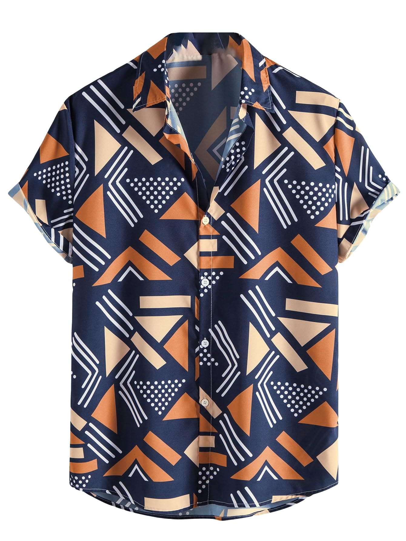 OYOANGLE Men's Casual Geo Graphic Print Short Sleeve Button Down Shirt Top Beach Shirts Navy Blue M