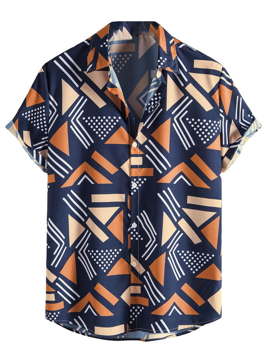 OYOANGLE Men's Casual Geo Graphic Print Short Sleeve Button Down Shirt Top Beach Shirts Navy Blue M