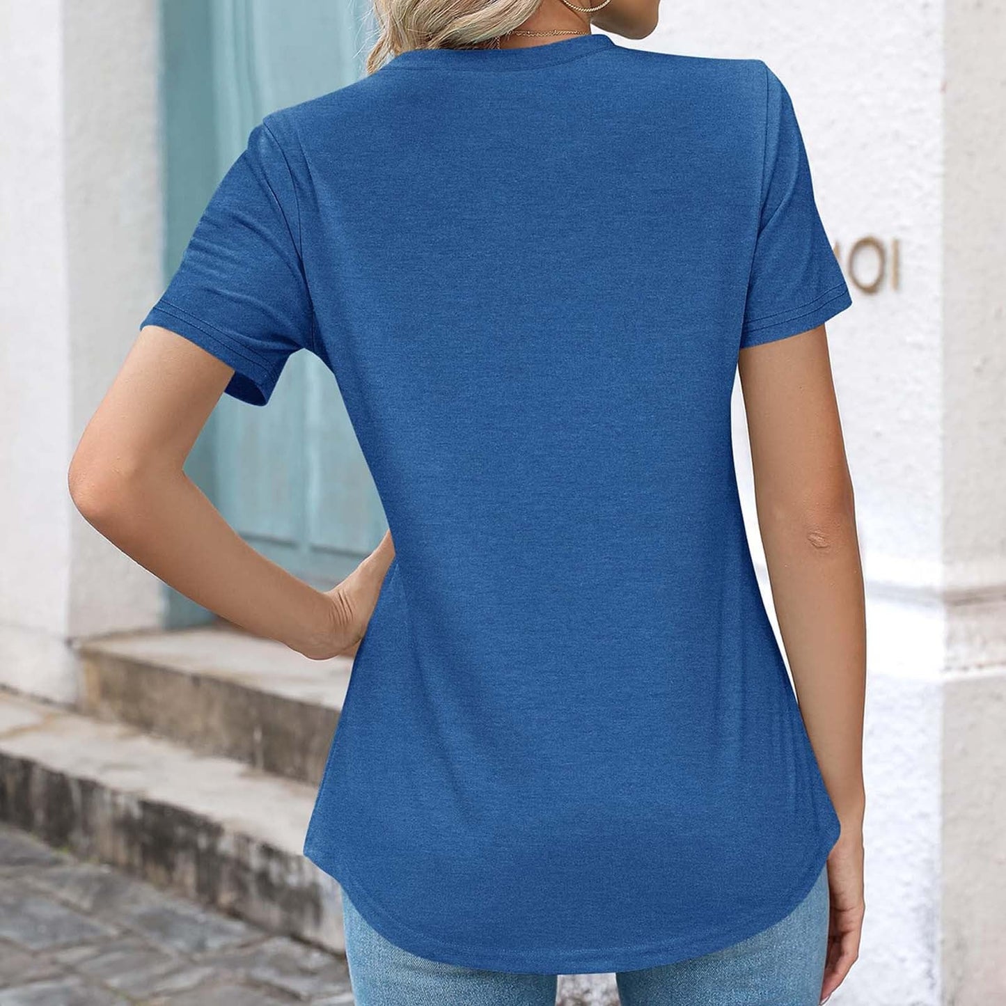 Angxiwan Clearance Deals Free UK Delivery Items Under 1 Pound Women's Blouses & Shirts Womens Casual Crew Neck Short Sleeve Pleated Tops Blouses Fashion Clothes 2024 Blue