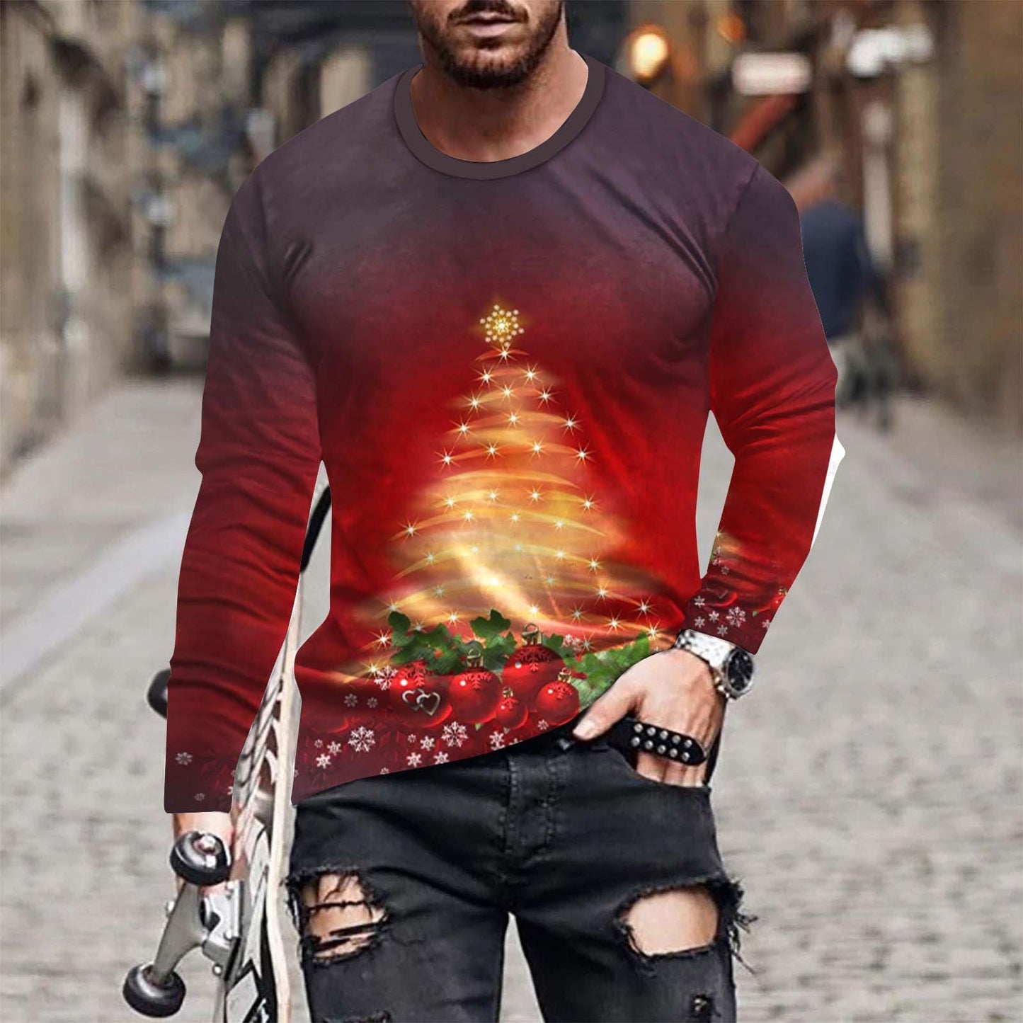 Christmas T Shirts Men UK Sale, Santa Claus Tshirt Christmas Tree Tops Casual Long Sleeve Xmas Pullover Crewneck Shirt Funny Ugly Sweatshirt Loose Fit Top Soft Comfortable Tees Plus Size M-4XL