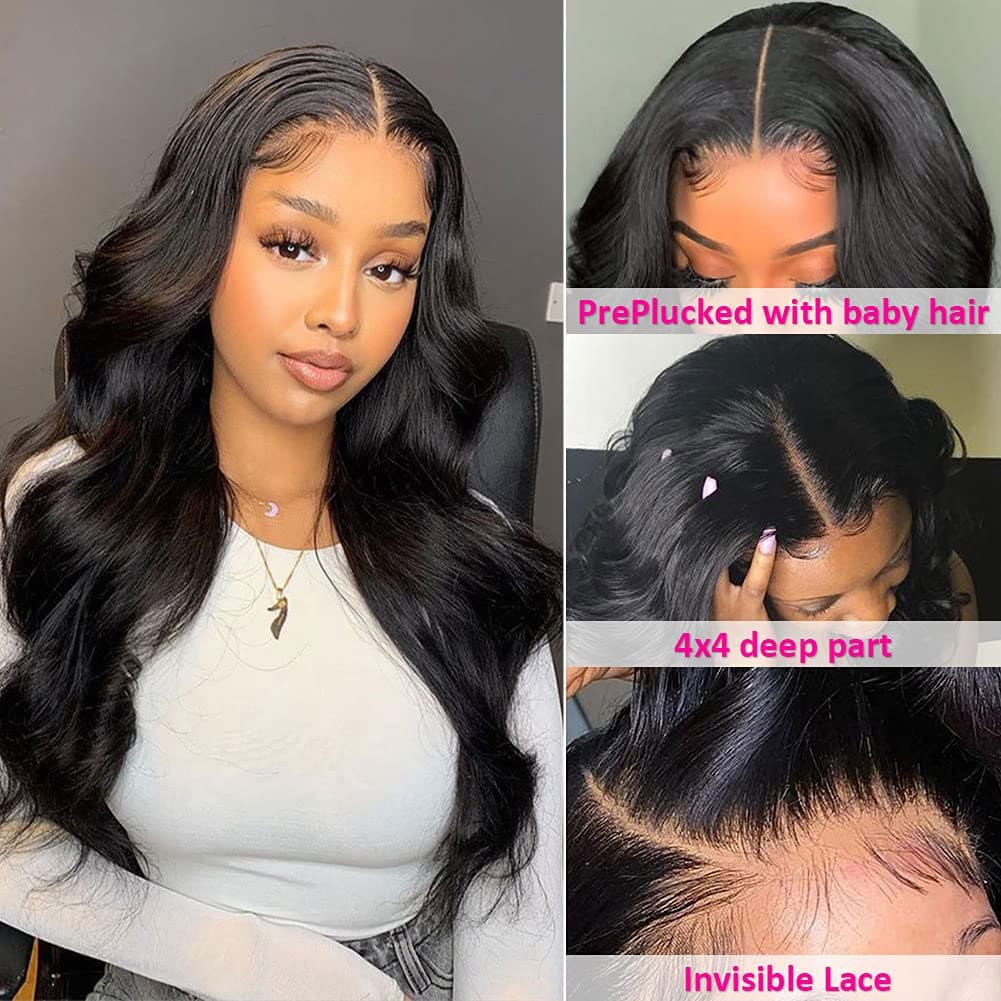 Lace Front Wigs Human Hair Body Wave 4x4 Lace Closure Wigs for Black Women Pre Plucked 150% Density Brazilian Lace Front Closure Wigs Human Hair Natural Black for Black Women 16 Inch