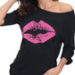 ELFIN 80s T Shirt Fancy Dress Costume for Women Off Shoulder Tops Sexy Lips Printed Casual Jumper Shirts