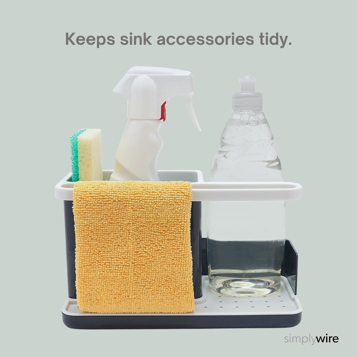 simplywire – Sink Tidy/Caddy – Kitchen Sink Organiser – Removable Drip Tray – Non-Slip - Grey & White