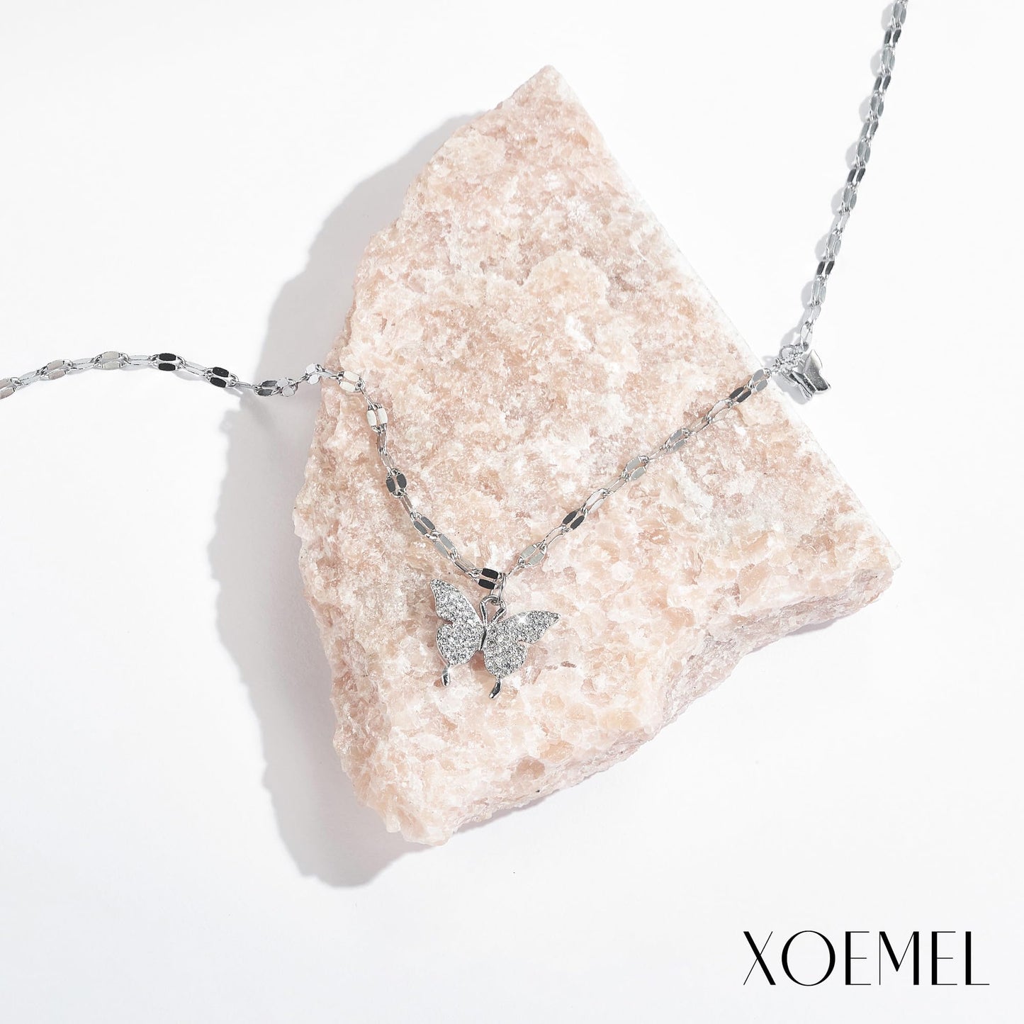 XOEMEL Silver Necklaces for Women,Adjustable Butterfly Layered Necklaces with Cubic Zirconia Dainty Sterling Silver Necklace Silver Chain for Girls Jewellery Gift