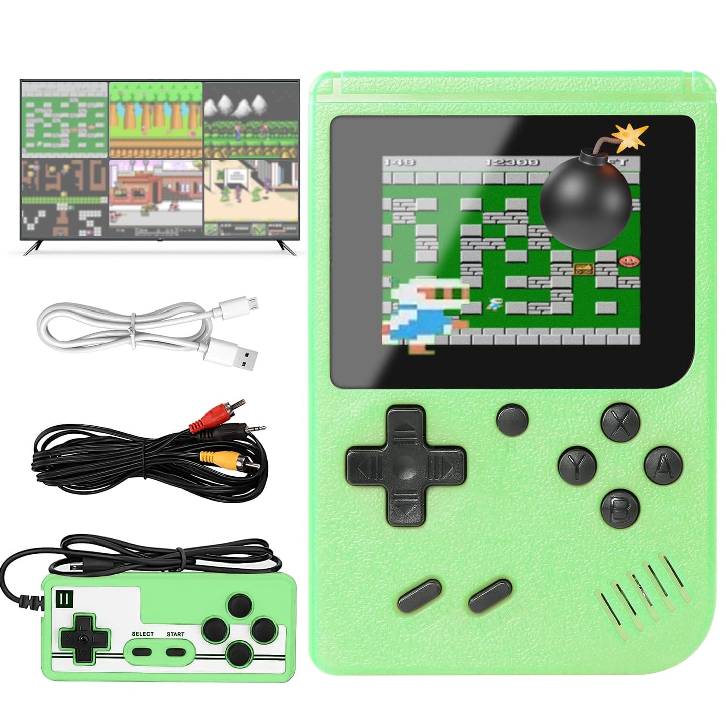 Retro Handheld Game Console with 400 Classical FC Games, Portable Retro Video Game Console, 3.0-Inch Screen 1020mAh Rechargeable Battery, Support 2 Players Play On Tv (Green)