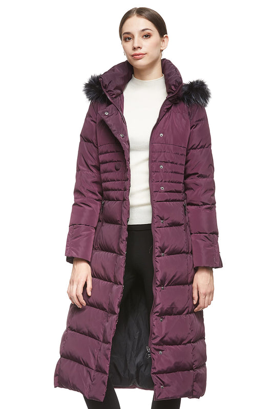 Orolay Women's Winter Long Down Jacket with Fur Hood Raglan Sleeve Coat Quilted Comfort Jacket Navy L