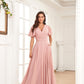 PAVERJER Dusty Rose V Neck Bridesmaid Dresses for Women with Sleeves Long A-Line Side Slit Chiffon Pleated Evening Gown with Pockets Size 0