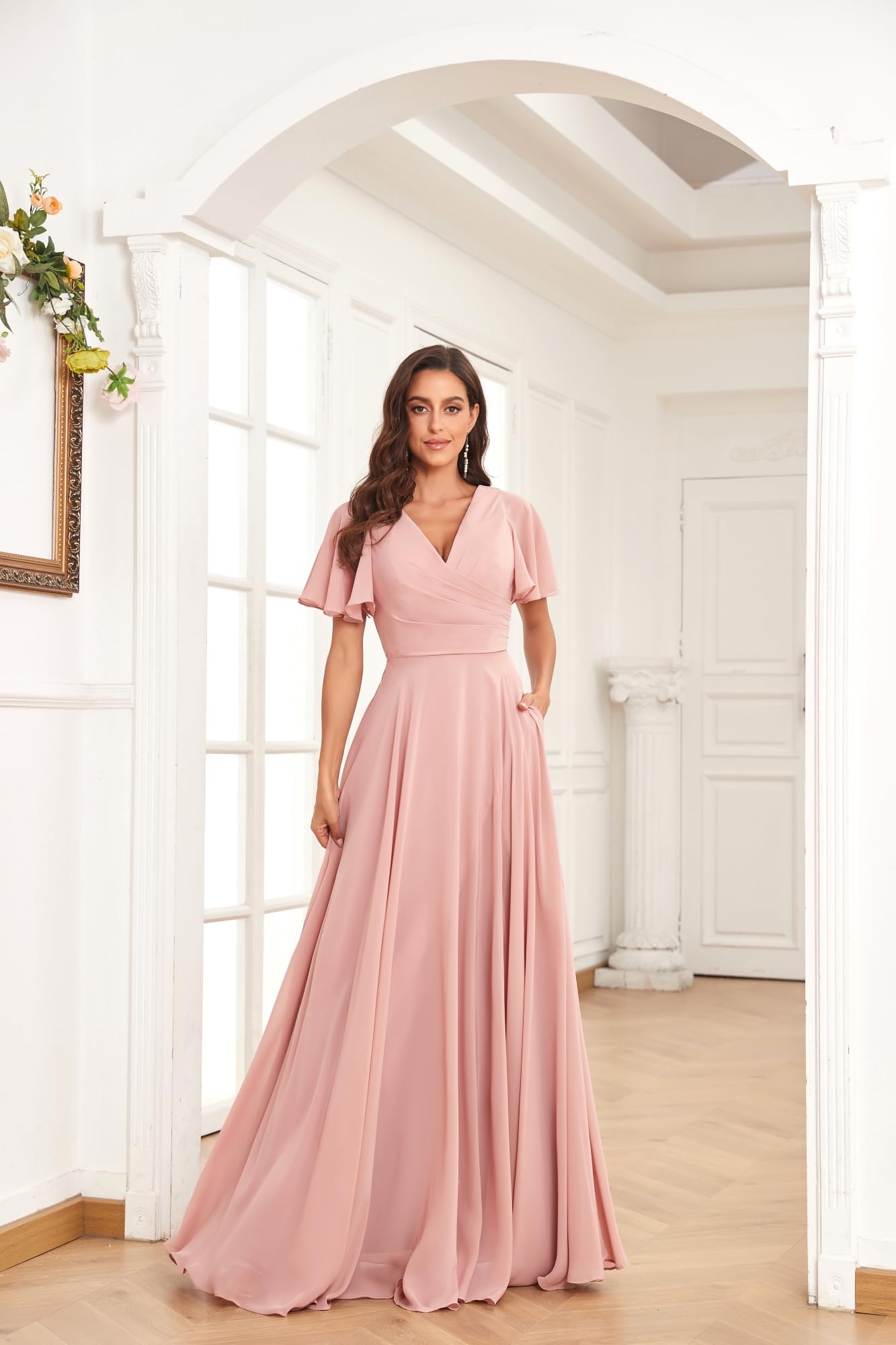 PAVERJER Dusty Rose V Neck Bridesmaid Dresses for Women with Sleeves Long A-Line Side Slit Chiffon Pleated Evening Gown with Pockets Size 0