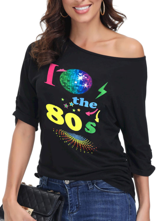 ELFIN 80s T Shirt Fancy Dress Costume for Women Off Shoulder Tops Sexy Lips Printed Casual Jumper Shirts