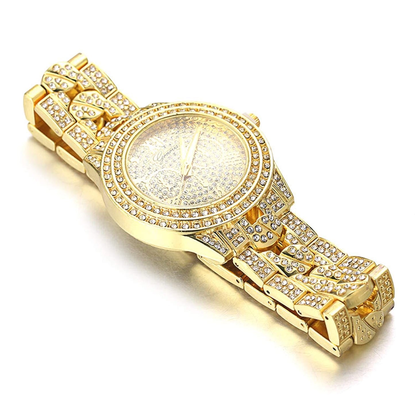 Halukakah Gold Watch Iced Out,Men's 18k Real Gold Plated Cuban Chain Inserted Band Quartz Wristband 9.5"(24cm),Full Cz Diamonds,Free Giftbox