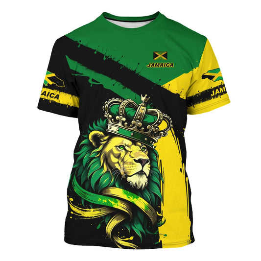 BJU Jamaica Flag T-Shirt Lion King Tee Printed Crewneck Short Sleeve Casual Sports Top Unisex