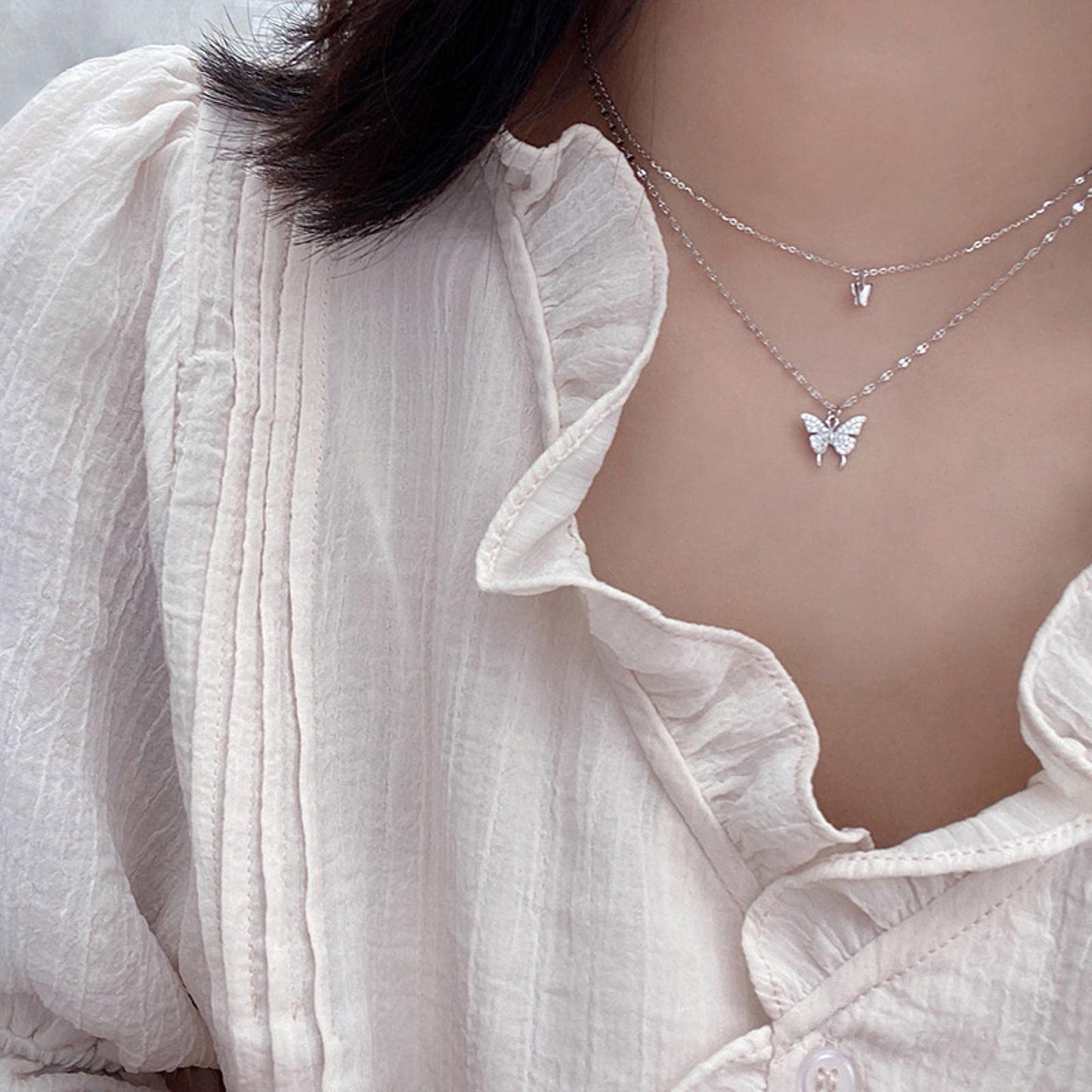 ZAGZIG 925 Sterling Silver Butterfly Necklace for Women Double Layer Clavicle Chain Shiny CZ Necklace Dainty Gifts Party Jewelry Gift