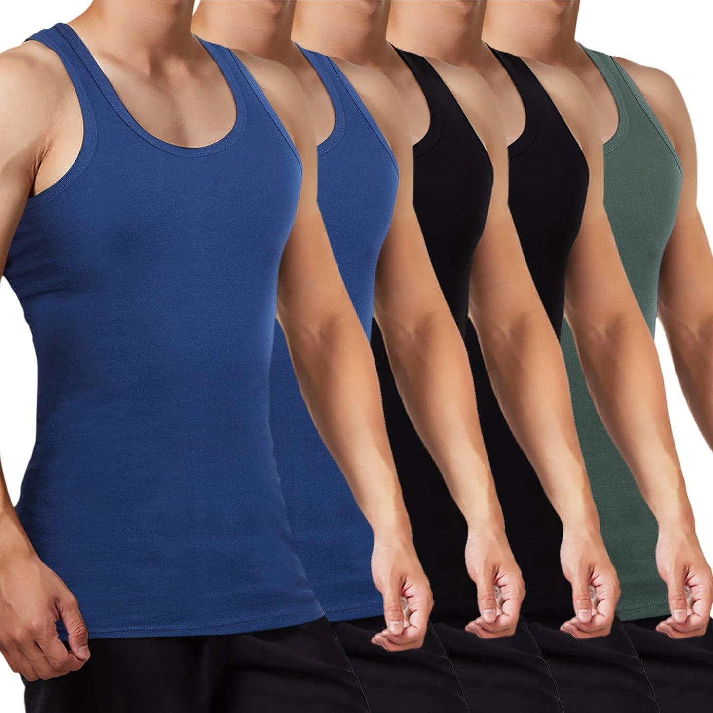 FALARY Mens Vest Tops Pack of 5 Tank Tops Fitted 100% Cotton Basic Plain Color Underwear and Colours Black Navy Olive S