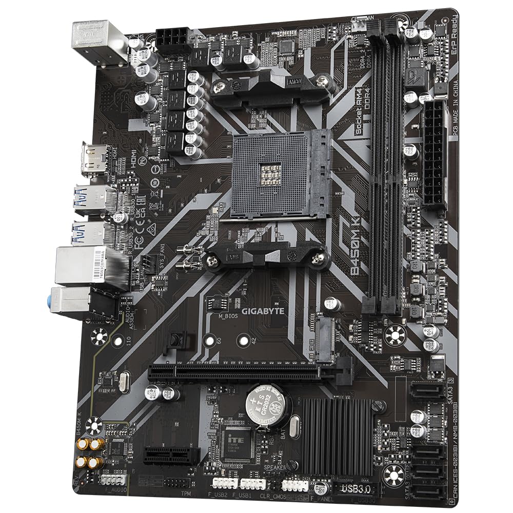 Gigabyte B450M K Motherboard - Supports AMD Series 5000 CPUs, up to 3600MHz DDR4 (OC), 1xPCIe 3.0 x4 M.2, GbE LAN, USB 3.2 Gen 1