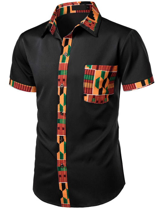 LucMatton Men's African Printed Patchwork Design Short Sleeve Button up Shirt Traditional Dashiki Black Small