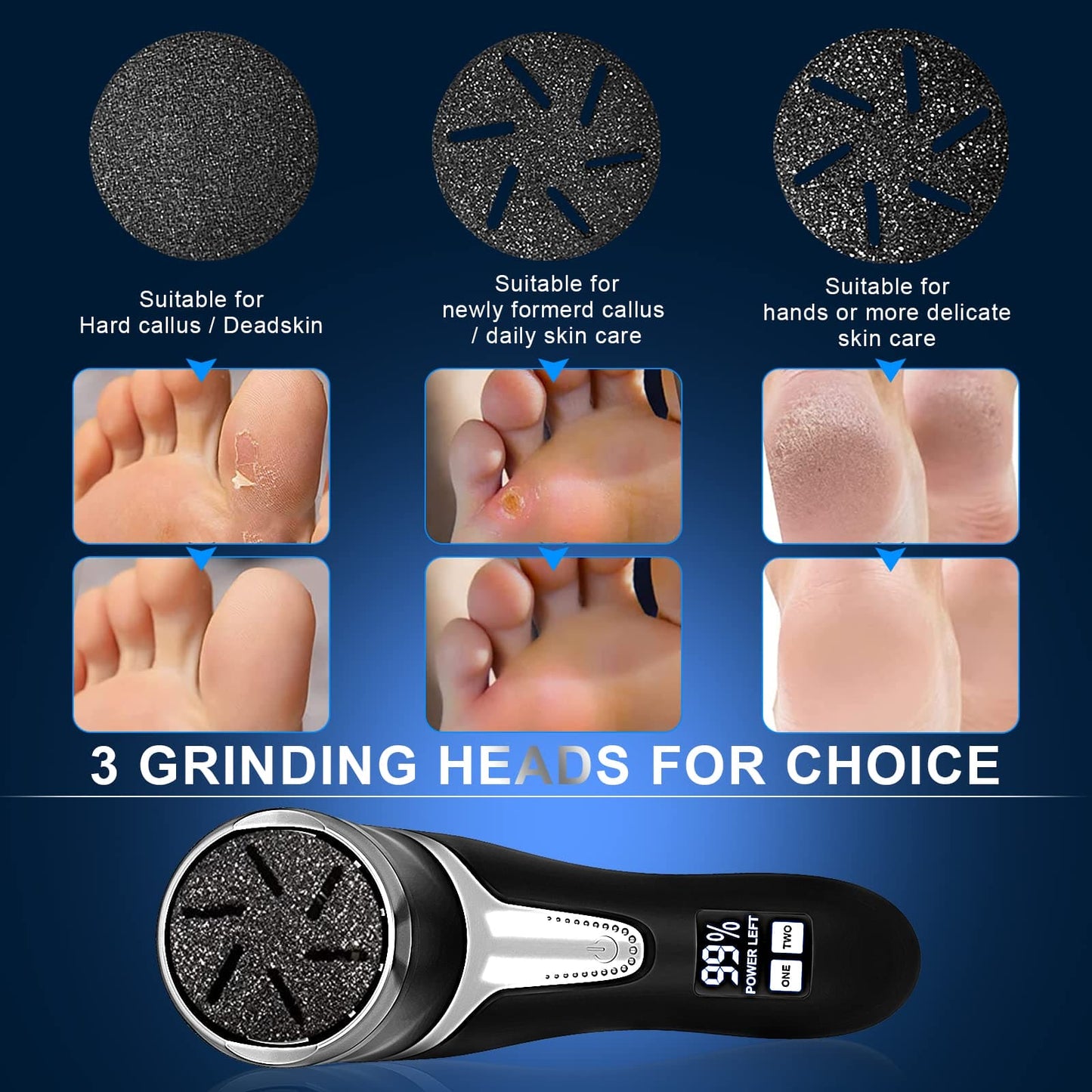 Electric Callus Remover for Feet (with Dander Vacuum), Portable Pedicure Kit Foot File Callus Remover, Rechargeable Waterproof Foot File for Foot Care Deadskin Remover with 3Head&LCD Display