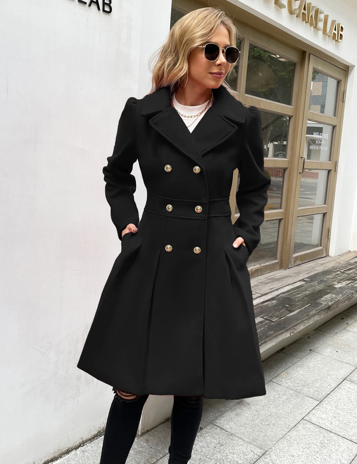 GRACE KARIN Women's Double-Breasted A Line Coat Puffed Sleeve Long Trench Coat Outwear for Winter Black A-Line Peacoat L