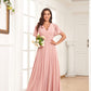 PAVERJER Dusty Rose V Neck Bridesmaid Dresses for Women with Sleeves Long A-Line Side Slit Chiffon Pleated Evening Gown with Pockets Size 0