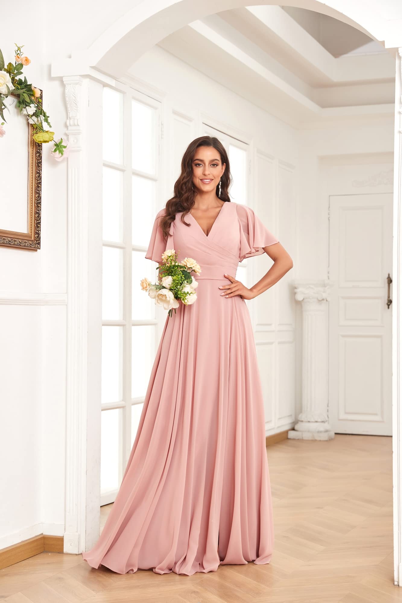 PAVERJER Dusty Rose V Neck Bridesmaid Dresses for Women with Sleeves Long A-Line Side Slit Chiffon Pleated Evening Gown with Pockets Size 0