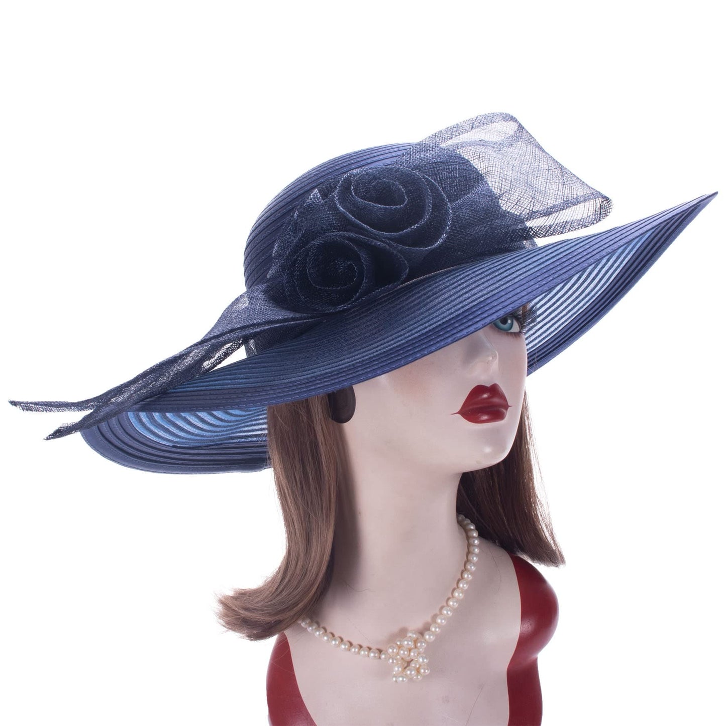 Lawliet Womens Wedding Church Wedding Occasion Wide Brim Sun Formal Royal Ascot Hat (Navy Blue)