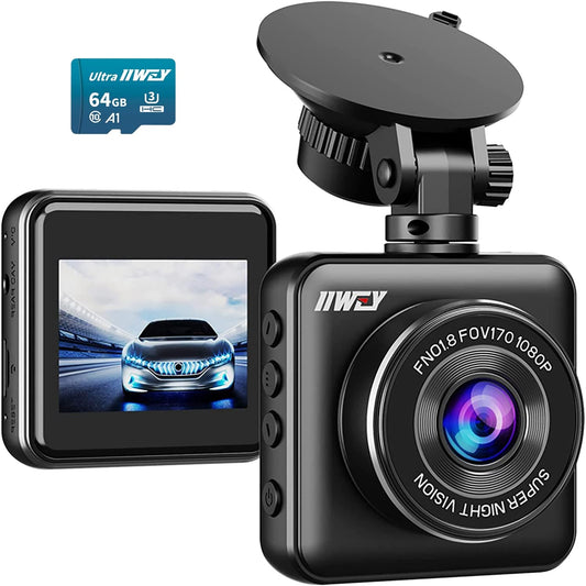 IIWEY Dash Cam Front 1080P Mini Size with 64GB SD Card, 2 Inch LCD Screen Small Car Dash Camera WDR Night Vision, 170° Wide Angle, G-sensor, Motion Detection, Parking Monitor