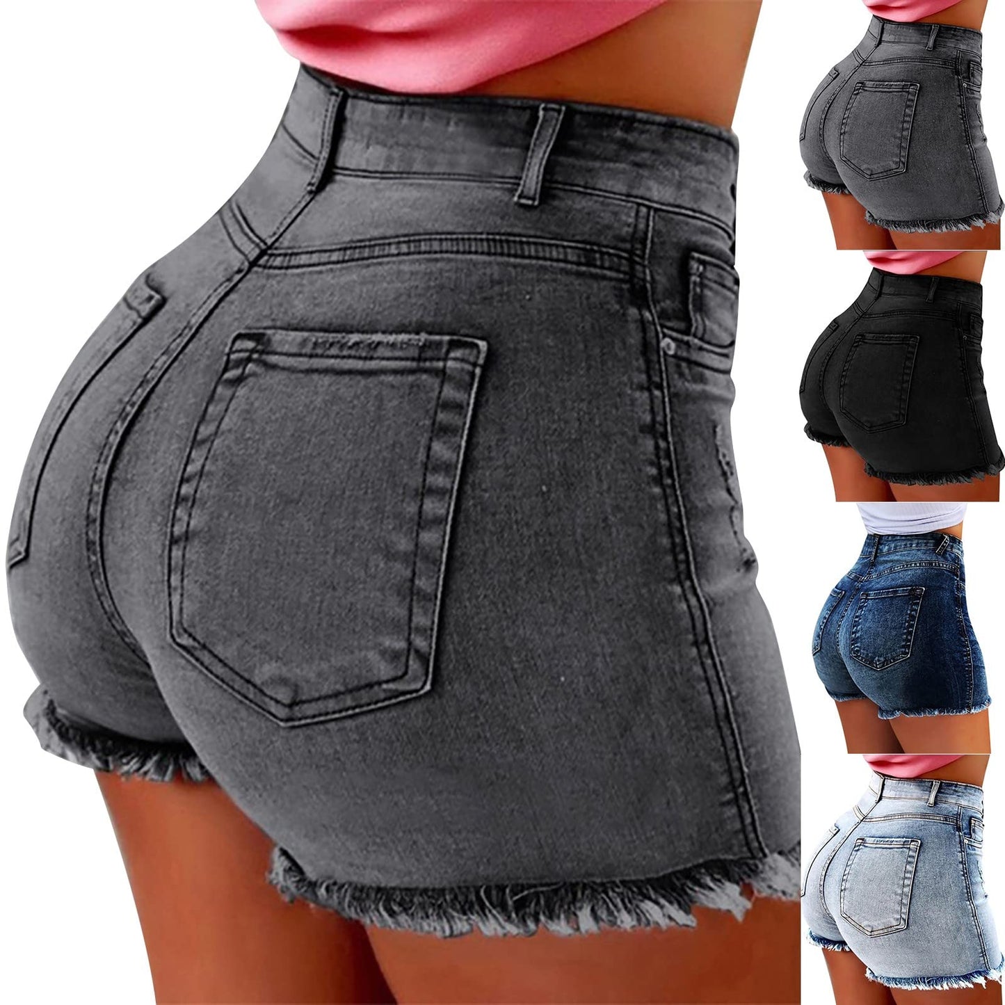 Tassel Denim Shorts for Women Butt Lifting High Waisted Frayed Raw Hem Distressed Boyfriend Jean Shorts Skinny Stretchy Bodycon Denim Jean Shorts 2024 Trendy Casual Summer Beach Hot Short with Pocket