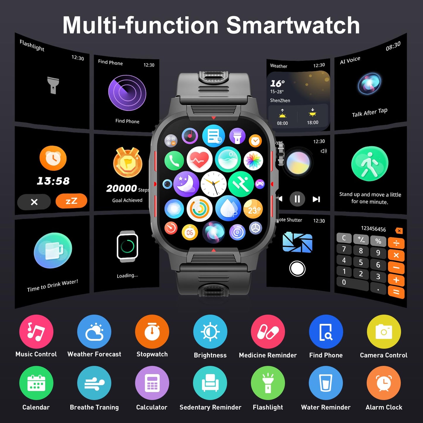 Military Smart Watches for Men Answer/Make Calls, 2.02" HD Large Screen Fitness Watch with Heart Rate Blood Oxygen Sleep Monitor Pedometer, 123 Sports Modes Smart Watch for Android iOS Phones