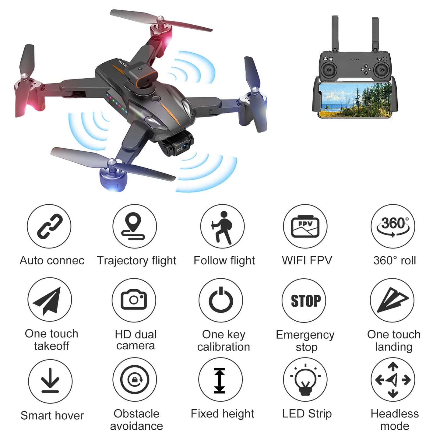 Drone with Dual Camera, 1080P Drone with Live Transmission for Kids/Adults Beginner, FPV Quadcopter with 40 Mins Flight Time, 2 Batteries | Obstacle Avoidance | One Key Start/Land (Black KD1)