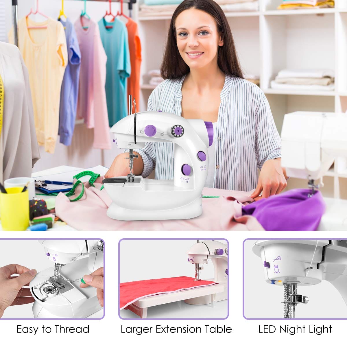 Controlofoul Mini Sewing Machine, Sewing Machine with Extension Table, Portable Sewing Machine for Beginners, Household Handheld Sewing Machine with Sewing Kits for Clothing, Handicraft, Rag dolls