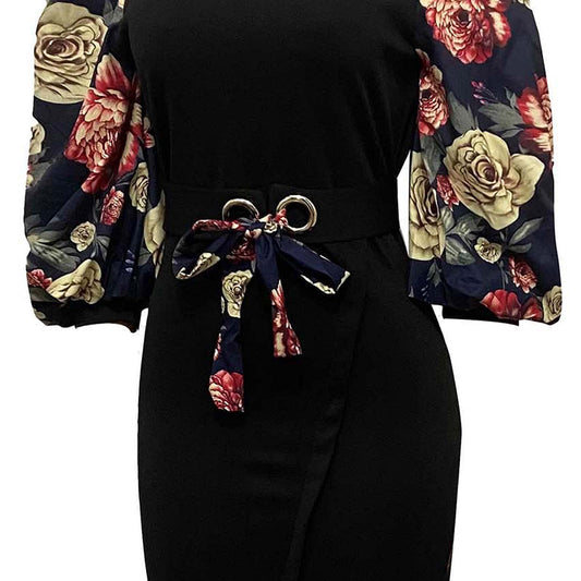 AMhomely Women Dresses Sale Elegant Ladies Fashion Casual Floral Printing Bubble Mid-Length Sleeve Plus Size Dress Plus Size Dress Party Dress Vintage Dress UK Size Black