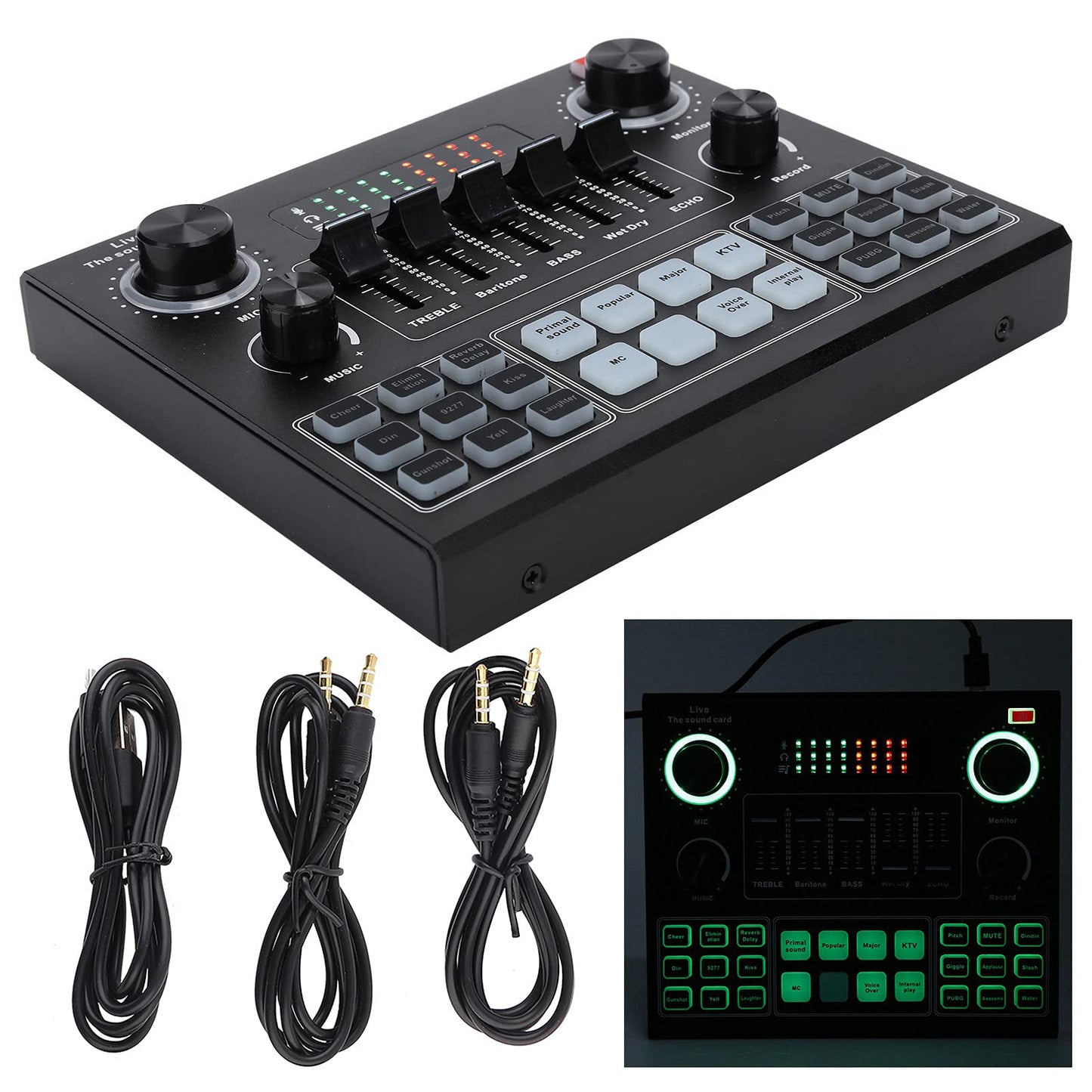 V9 Live Sound Card, 16 Sound Effects Voice Changer Smart Noise Reduction Stereo Audio Mixer for Computer Game, Mobile Phone, Live Broadcast