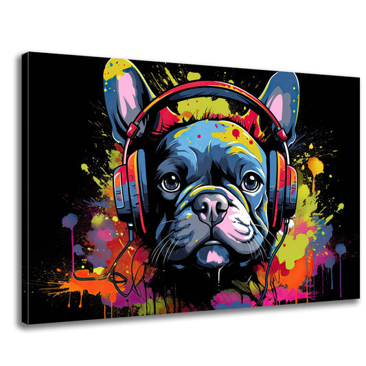 GLOKAKA Hip-Hop Dog Graffiti Wall Art,Kids Room Wall Decor,Funny Colorful Animal Picture Print,French Bulldog with Headphone Pop Art,Bedroom,Bathroom Wall Decor Painting-24 x16