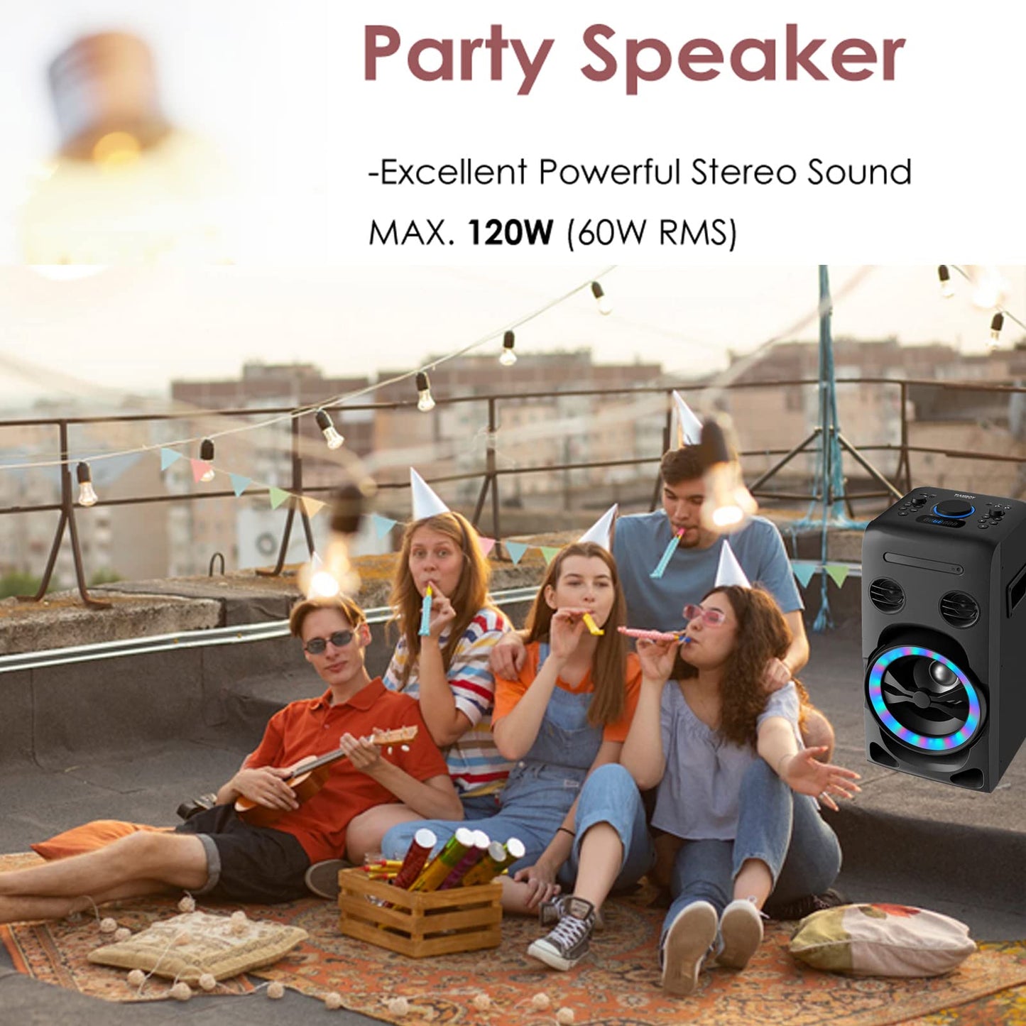 Home Stereo System 100W Partybox with CD Player, Bluetooth/FM Radio, USB/AUX Input, LED Lights, Karaoke Function, Remote Control (TB-P10)