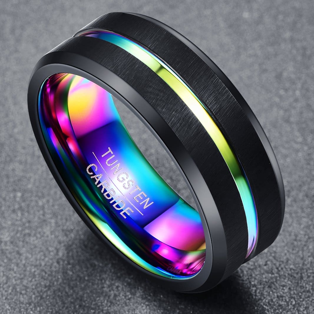 NUNCAD Men's/Women's Groove Tungsten Carbide Ring Colorful Black Wedding Engagement Band 8mm Wide Size W1/2