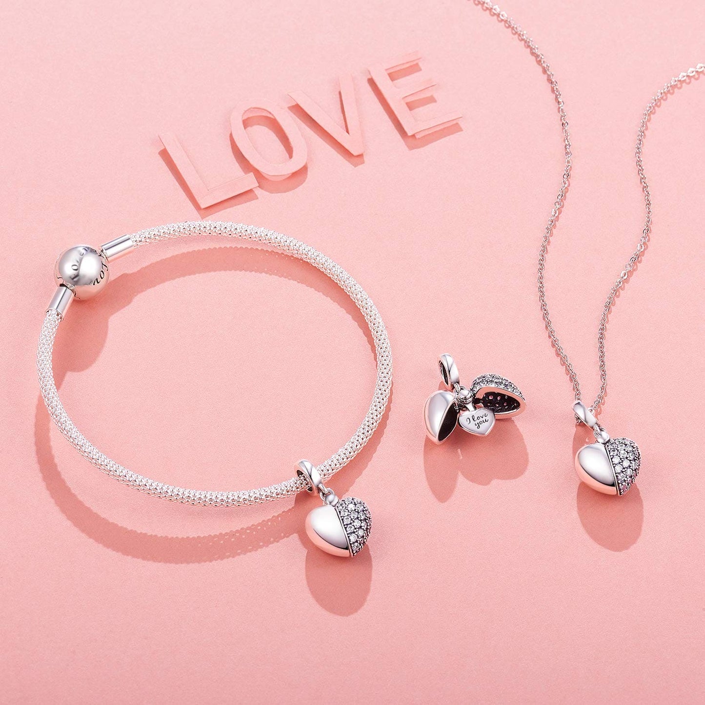 NINGAN “I Love You” Heart Pendant Charm 925 Sterling Silver Dangle Charms Compatible With European Bracelets & Necklaces