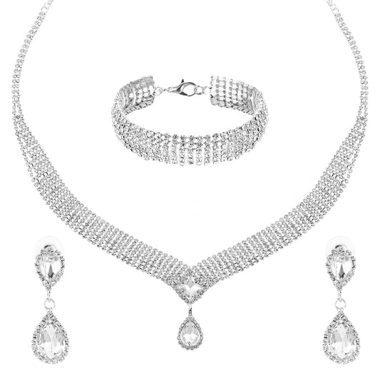 3 Pcs Silver Sparkly Jewelry Set Rhinestone Necklace and Bracelet Set Crystal Necklace Bracelet Teardrop Earrings Sets for Bridal Bridesmaid Formal Wedding Dainty Sparkly Necklaces for Women