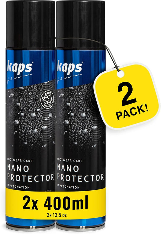 Kaps Shoe Protector Spray 2-Pack, 2 x 13.5 oz, Boot and Sneaker Waterproofer, for Leather Nubuck Suede Textile Fabric Canvas, Nano Protector Set, Water Repellent, Shield Against Rain Stains Moisture