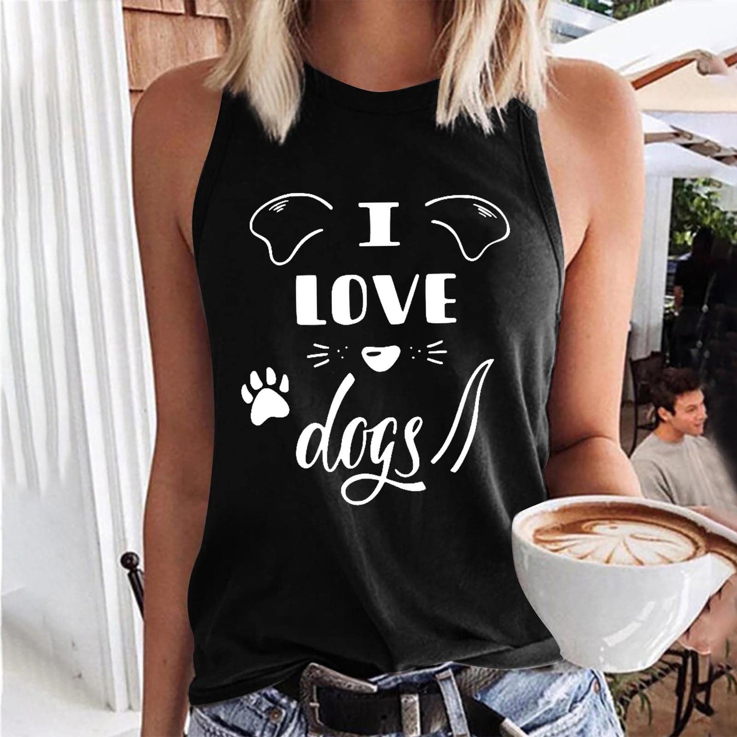 AMhomely Women Tops & Blouse,Ladies Sleeveless Summer Sexy Casual Tops Regular Round Neck Printing Sleeveless Vest Tops Loose Sweatshirts UK SizeChristmas Jumper Thanksgiving Valentine's Day, Black 2