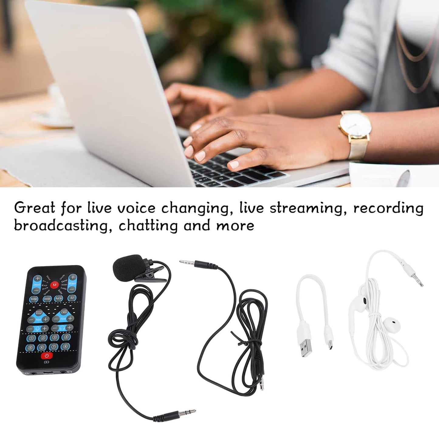 PUSOKEI Portable Voice Changer,Handheld Microphone Voice Changer Live Streaming Sound Card with Headphones Kit,Audio Mixer Sound Card for Podcast Recording,3.5mm Sound/USB Charging