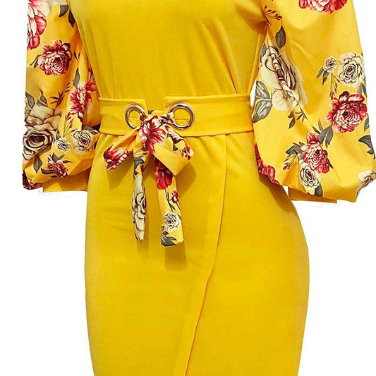 AMhomely Women Dresses Sale Elegant Ladies Fashion Casual Floral Printing Bubble Mid-Length Sleeve Plus Size Dress Plus Size Dress Party Dress Vintage Dress UK Size Yellow