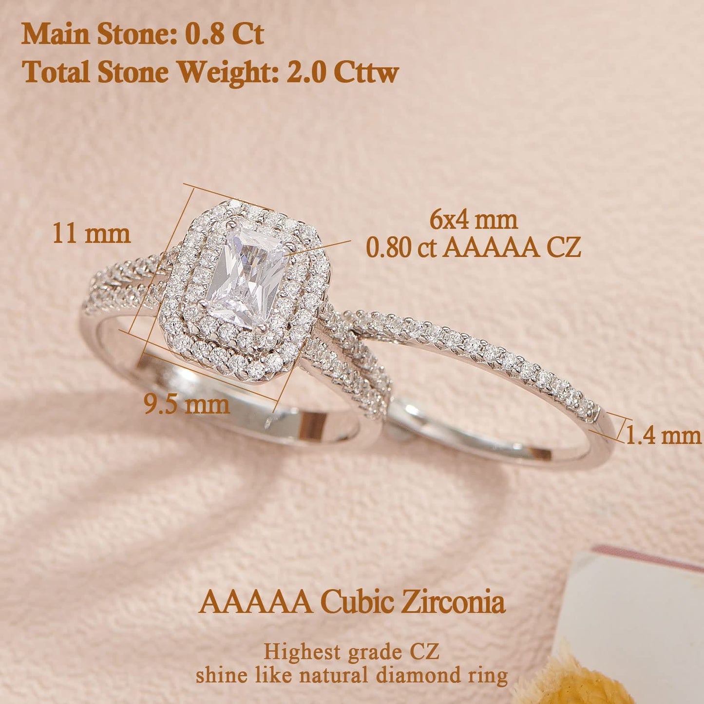 SweetJew 2Ct Radiant Cut Wedding Rings Set for Women 925 Sterling Silver Cubic Zirconia Size N