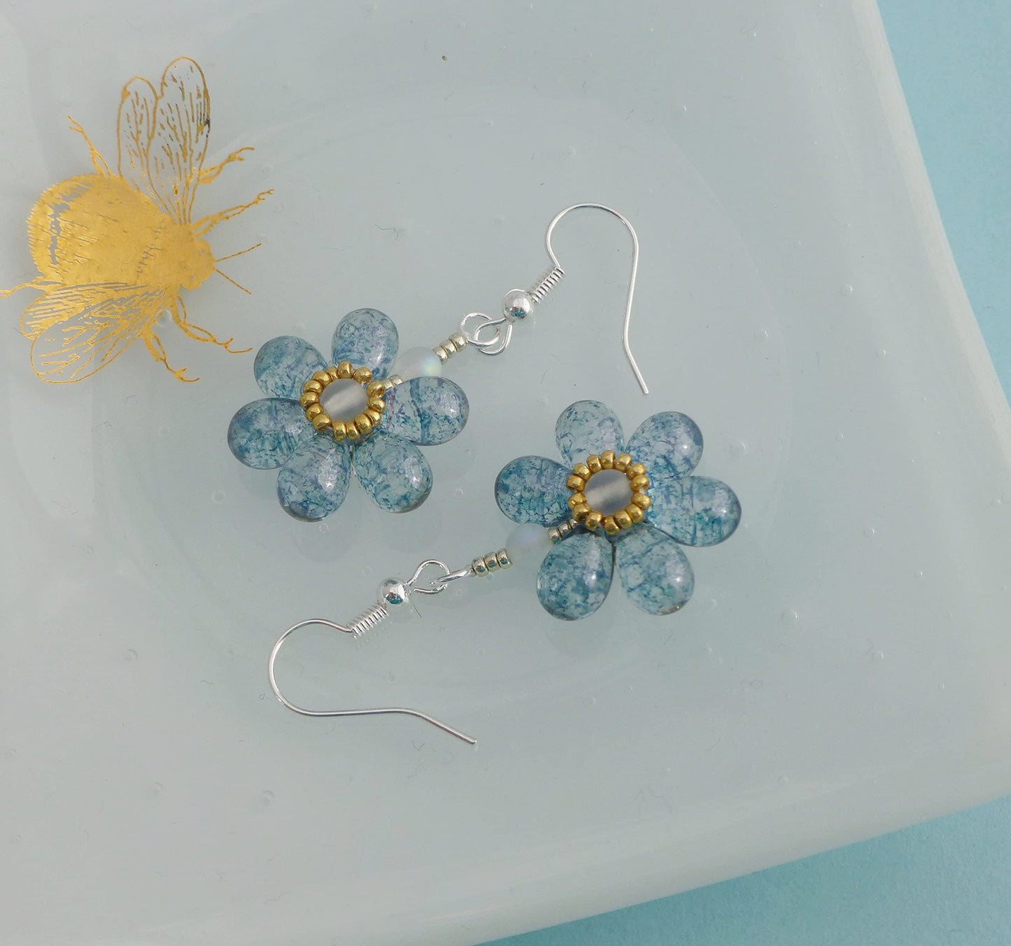 Blossom Flower Handmade Earrings (Speckled Blue, sterling-silver)