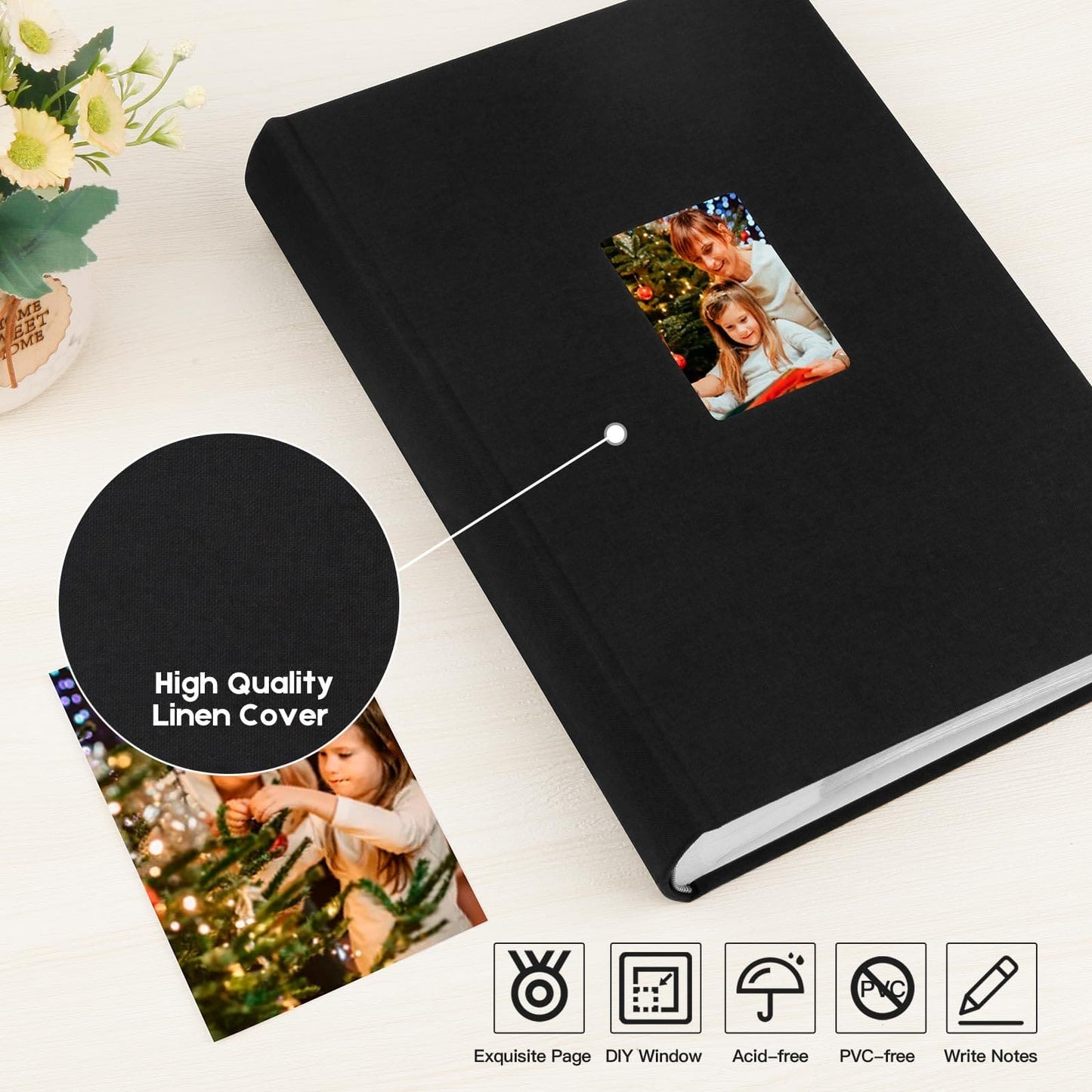 Photo Album 4x6 450 Photos with Writing Space, 4x6 Photo Album Linen Cover with Front Window, 4x6 Picture Album, 450 Photos 4x6 Photo Album Book for Wedding Kids Travel Family Baby Pictures (Black)