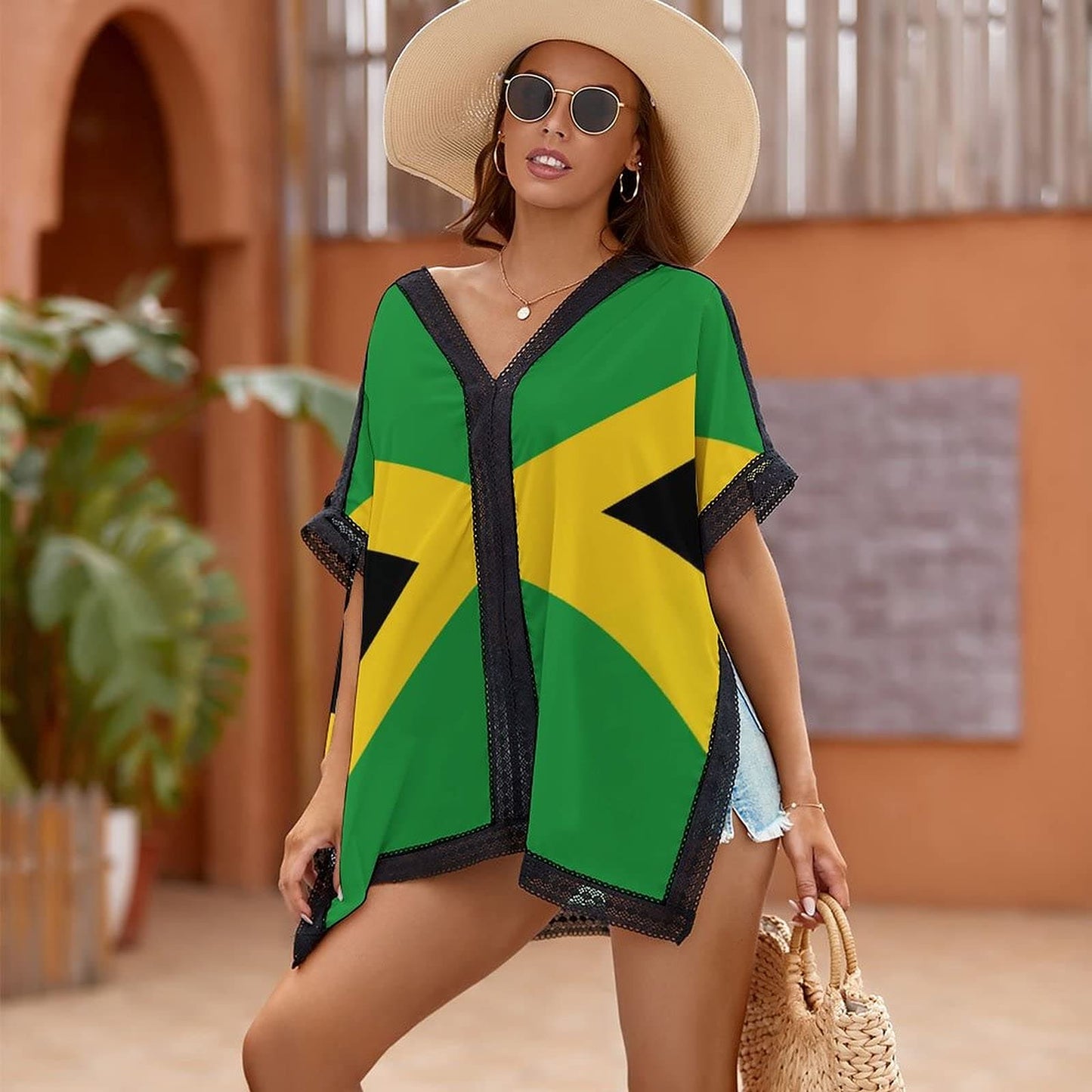 Jamaican Flag Women's Beach Cover up Swimsuit Soft Fabric with Bohemian Style Print for Beach Swimwear, Summer Casual Loose Sun Dress