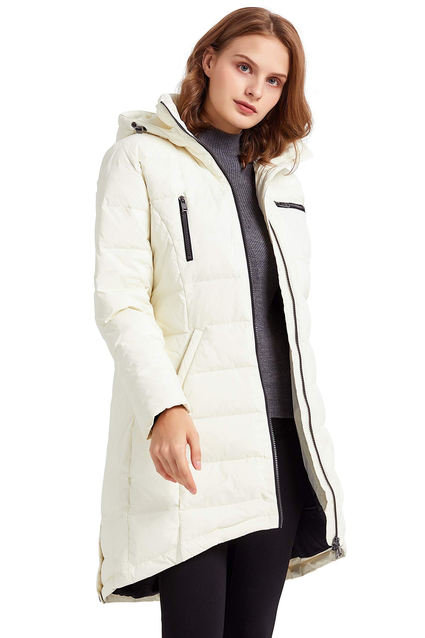 Orolay Women's Hooded Down Jacket Mid-Length Outwear Coat Cannoli Cream M