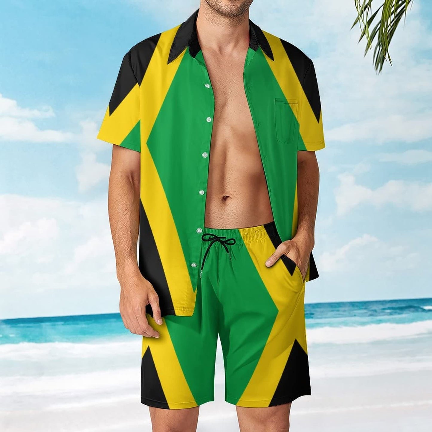 Jamaican Flag Men's Beach Hawaiian Sets Casual Outfit Short Sleeve Shirt Swim Shorts Trunks