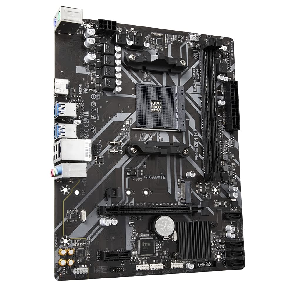 Gigabyte B450M K Motherboard - Supports AMD Series 5000 CPUs, up to 3600MHz DDR4 (OC), 1xPCIe 3.0 x4 M.2, GbE LAN, USB 3.2 Gen 1