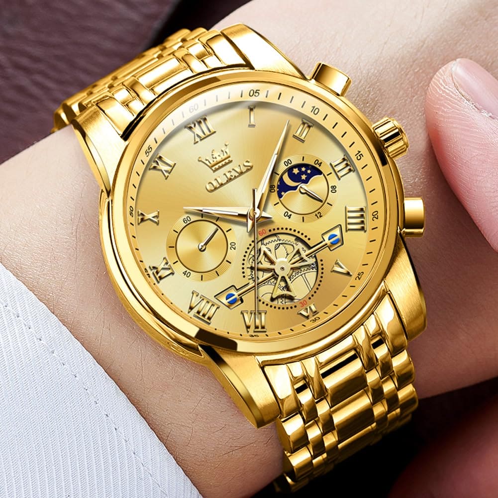 OLEVS Gold Watch for Men,Business Casual Men Watches, Large Stainless Steel Chronograph Gold Watch,Water Resistant Luminous Quartz Wrist Watch,Business Casual Gifts Watch for Male